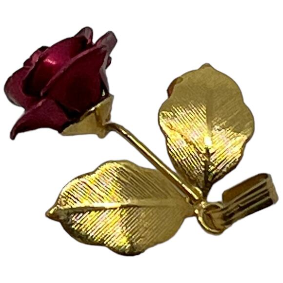 Deep Red Rose Gold Leaf Pendant - Romantic Floral Jewelry Burgundy Metal Flower - Picture 7 of 7